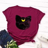 Plus Size S-5XL New Cat Moon Print T Shirt Women 100%Cotton O Neck Short Sleeve Summer TShirt Tops T Shirts Funny T Shirts