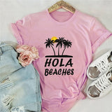 Plus Size S-5XL New Beaches Print T Shirt Women Shirts 100%Cotton O Neck Short Sleeve Tees Summer T-Shirt Pink Tops TShirt Women