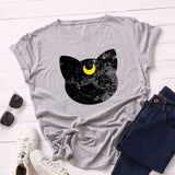 Summer Women T Shirt S-5XL Plus Size Cotton Lovely Moon Cat Print Short Sleeve Lady Tees Tops Casual Loose O-Neck Female TShirt