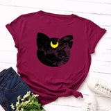 Summer Women T Shirt S-5XL Plus Size Cotton Lovely Moon Cat Print Short Sleeve Lady Tees Tops Casual Loose O-Neck Female TShirt