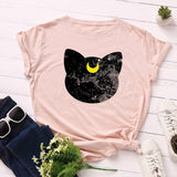 Summer Women T Shirt S-5XL Plus Size Cotton Lovely Moon Cat Print Short Sleeve Lady Tees Tops Casual Loose O-Neck Female TShirt