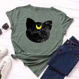 Summer Women T Shirt S-5XL Plus Size Cotton Lovely Moon Cat Print Short Sleeve Lady Tees Tops Casual Loose O-Neck Female TShirt