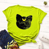 Summer Women T Shirt S-5XL Plus Size Cotton Lovely Moon Cat Print Short Sleeve Lady Tees Tops Casual Loose O-Neck Female TShirt
