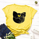 Summer Women T Shirt S-5XL Plus Size Cotton Lovely Moon Cat Print Short Sleeve Lady Tees Tops Casual Loose O-Neck Female TShirt