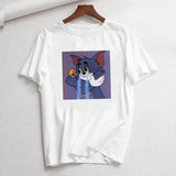 Tee Shirt Femme O-neck Short Sleeve Tshirt Cat Tom Mouse Jerry Cartoon Print Cotton Tshirt Summer Loose T Shirts for Women Tops