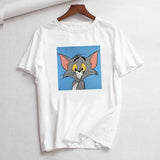 Tee Shirt Femme O-neck Short Sleeve Tshirt Cat Tom Mouse Jerry Cartoon Print Cotton Tshirt Summer Loose T Shirts for Women Tops