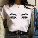 2020 Womens T-Shirt Harajuku Shiny Eyelash Graphic Top Female Tshirt Eye Shadow Shirts Fashion Oversized White Short Clothes