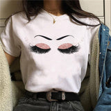 2020 Womens T-Shirt Harajuku Shiny Eyelash Graphic Top Female Tshirt Eye Shadow Shirts Fashion Oversized White Short Clothes
