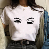 2020 Womens T-Shirt Harajuku Shiny Eyelash Graphic Top Female Tshirt Eye Shadow Shirts Fashion Oversized White Short Clothes