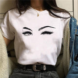 2020 Womens T-Shirt Harajuku Shiny Eyelash Graphic Top Female Tshirt Eye Shadow Shirts Fashion Oversized White Short Clothes