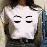 2020 Womens T-Shirt Harajuku Shiny Eyelash Graphic Top Female Tshirt Eye Shadow Shirts Fashion Oversized White Short Clothes