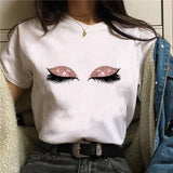 2020 Womens T-Shirt Harajuku Shiny Eyelash Graphic Top Female Tshirt Eye Shadow Shirts Fashion Oversized White Short Clothes