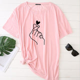 Finger Heart Print T Shirt Women Short Sleeve O Neck Loose Tshirt 2020 Summer Women Tee Shirt Tops Camisetas Mujer