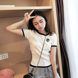Embroideried Daisy Flower Tee Women O-neck Knitted Cropped T-shirts Girls Full Sleeve Thin Tshirt Crop Tops For Female